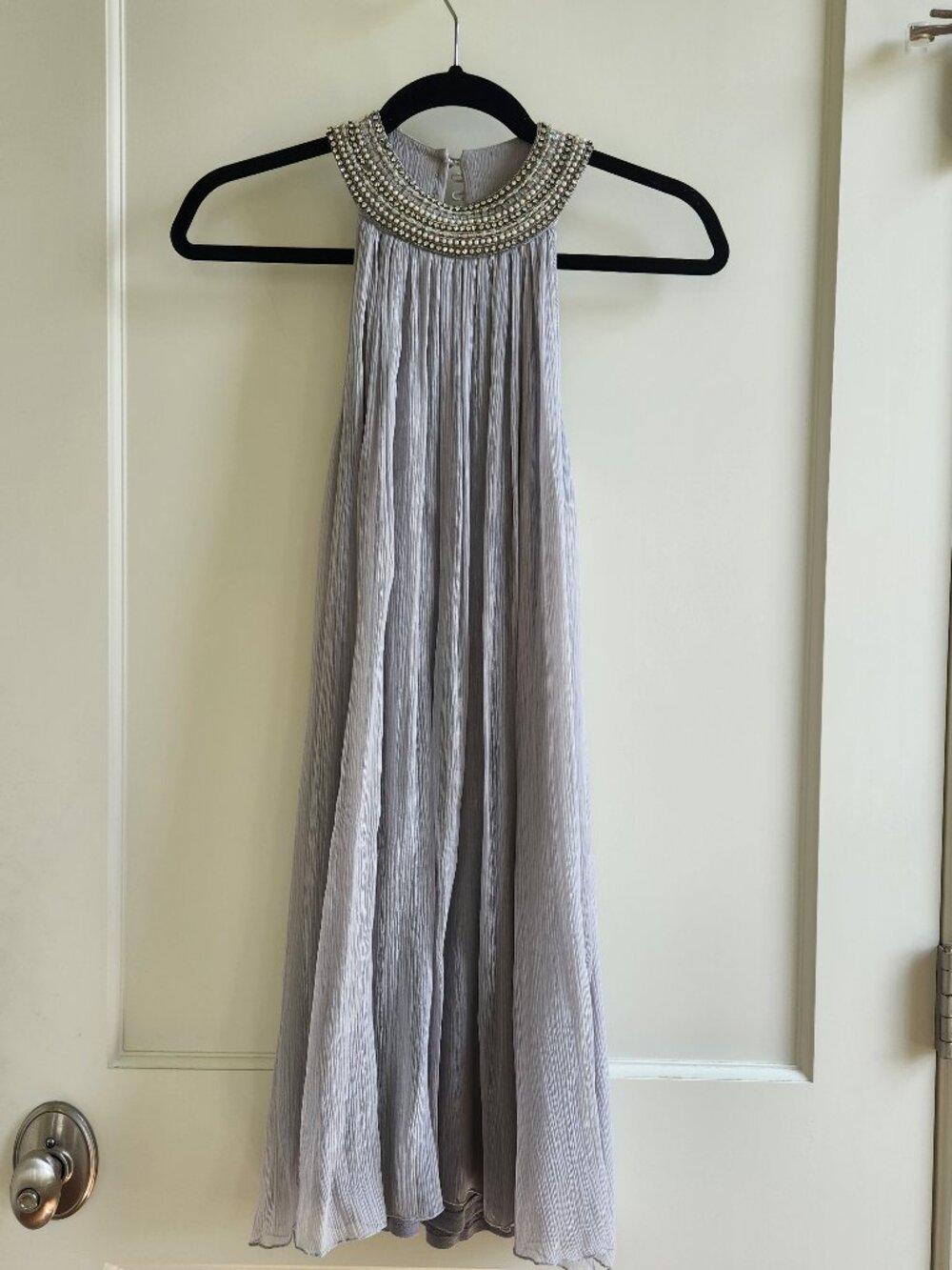 Cache Silk Pleated Maxi Dress Beaded Neckline Gray Formal Occasion Size 2